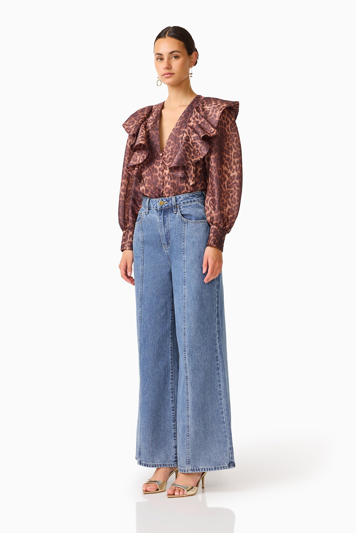 CURAAE Zamira Bell Sleeve Blouse in Brown Multi
