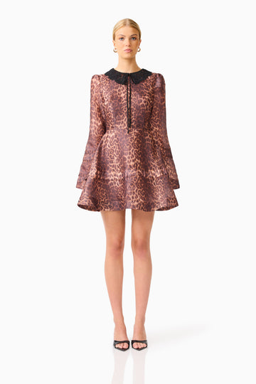 CURAAE Zamira Long Sleeve Mini Dress in Brown Multi