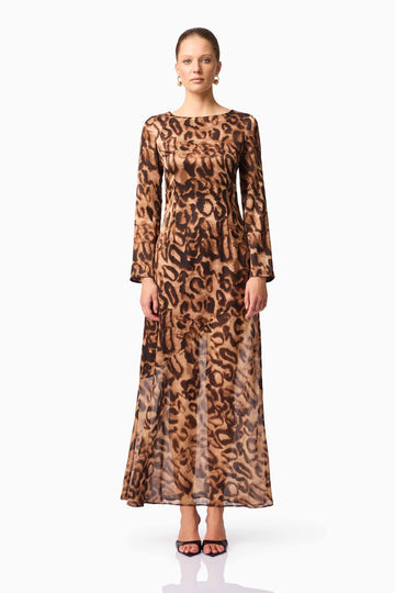 CURAAE Zali Long Sleeve Maxi Dress in Leopard Print