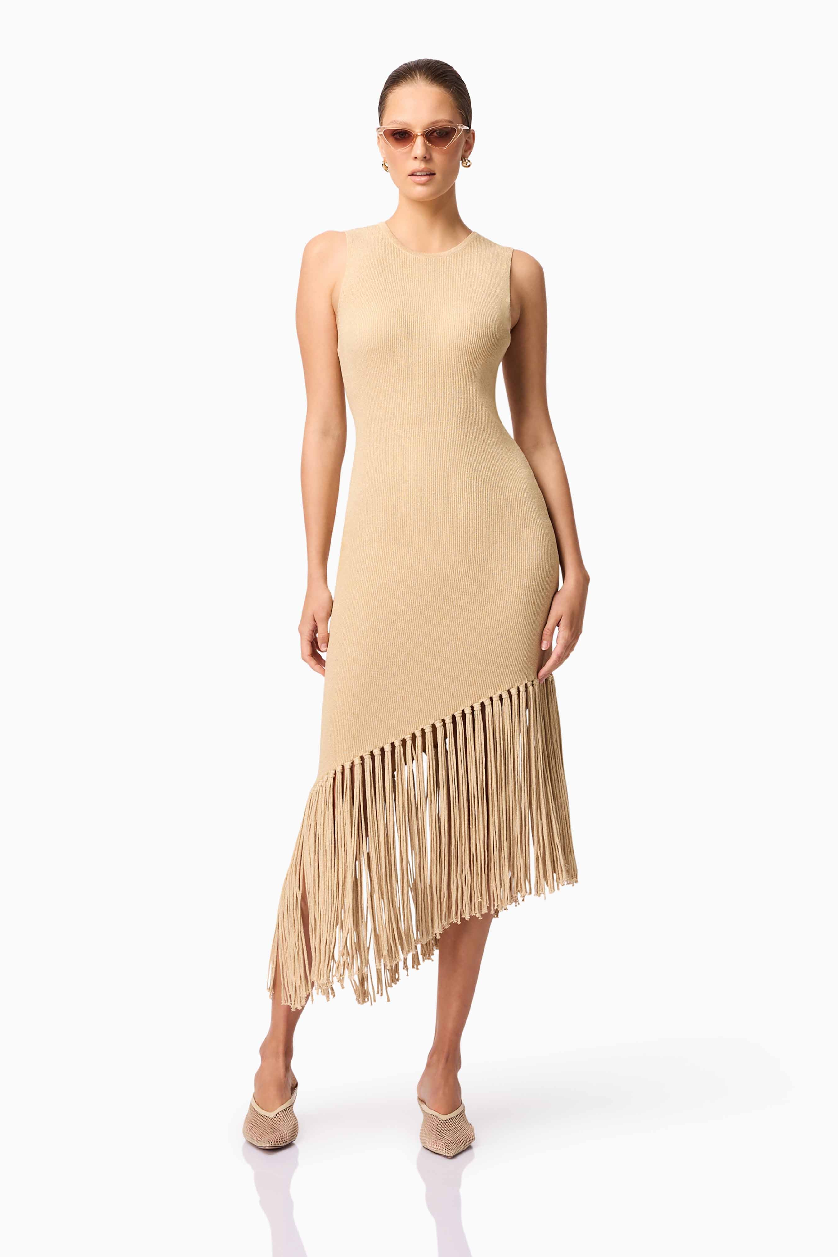 CURAAE Selah Asymmetrical Midi Dress in Beige