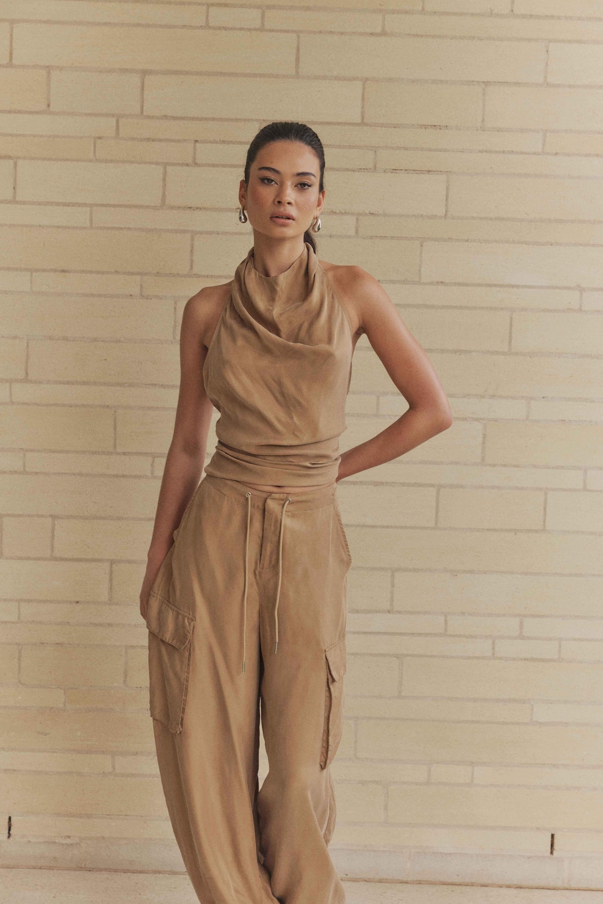 CURAAE Amber Tie Back Halter Cowl Neck Top in Beige