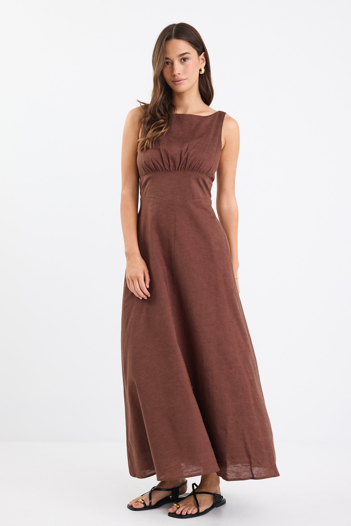 Cairo Chocolate Cotton Linen Sleeveless Midi Dress