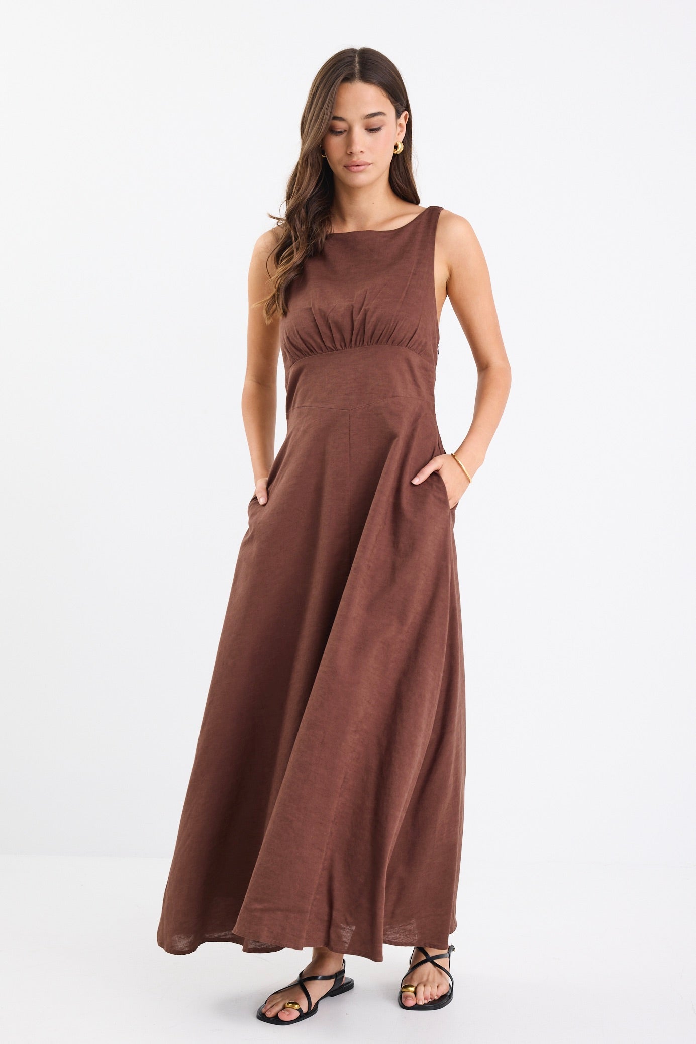 Cairo Chocolate Cotton Linen Sleeveless Midi Dress