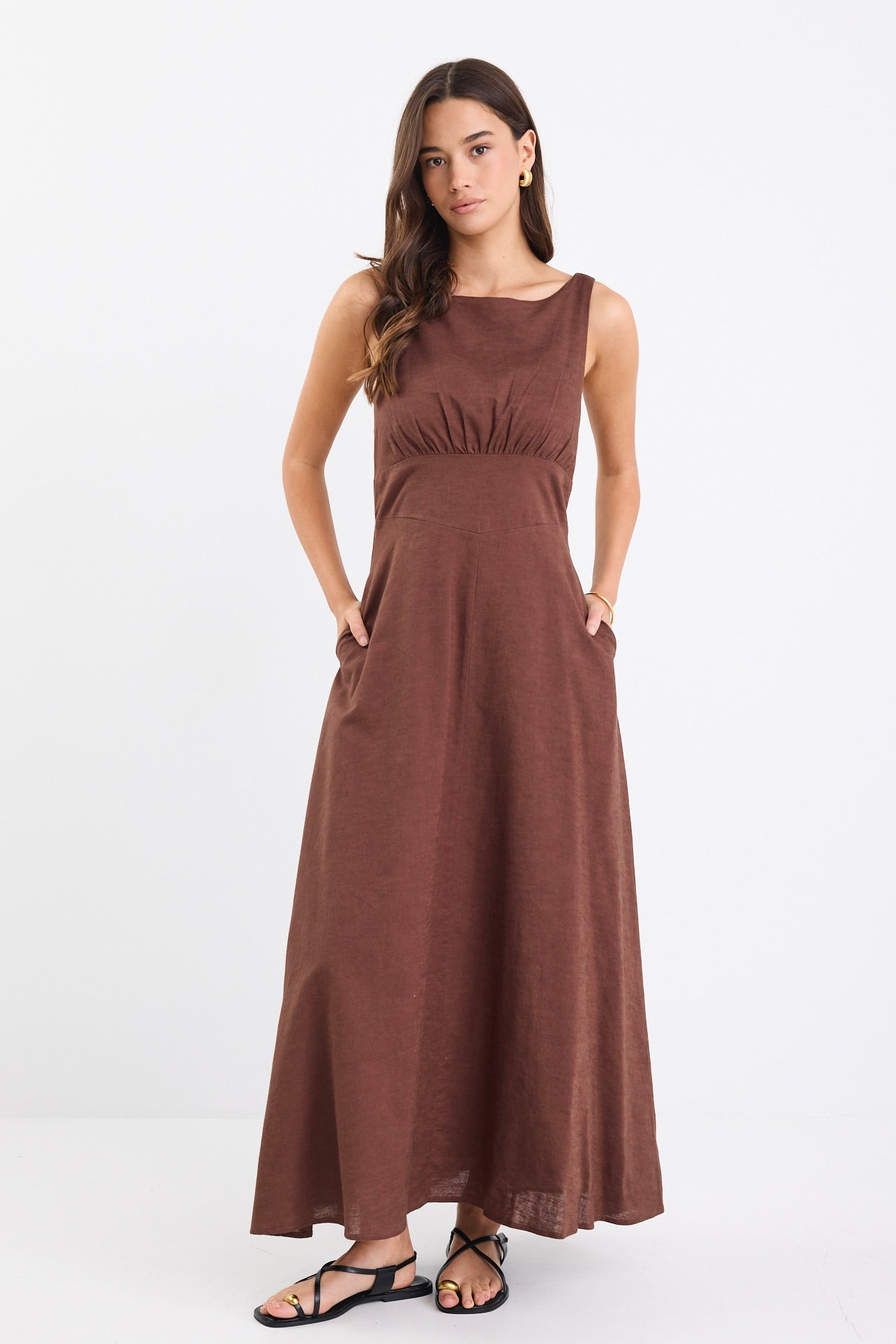 Cairo Chocolate Cotton Linen Sleeveless Midi Dress