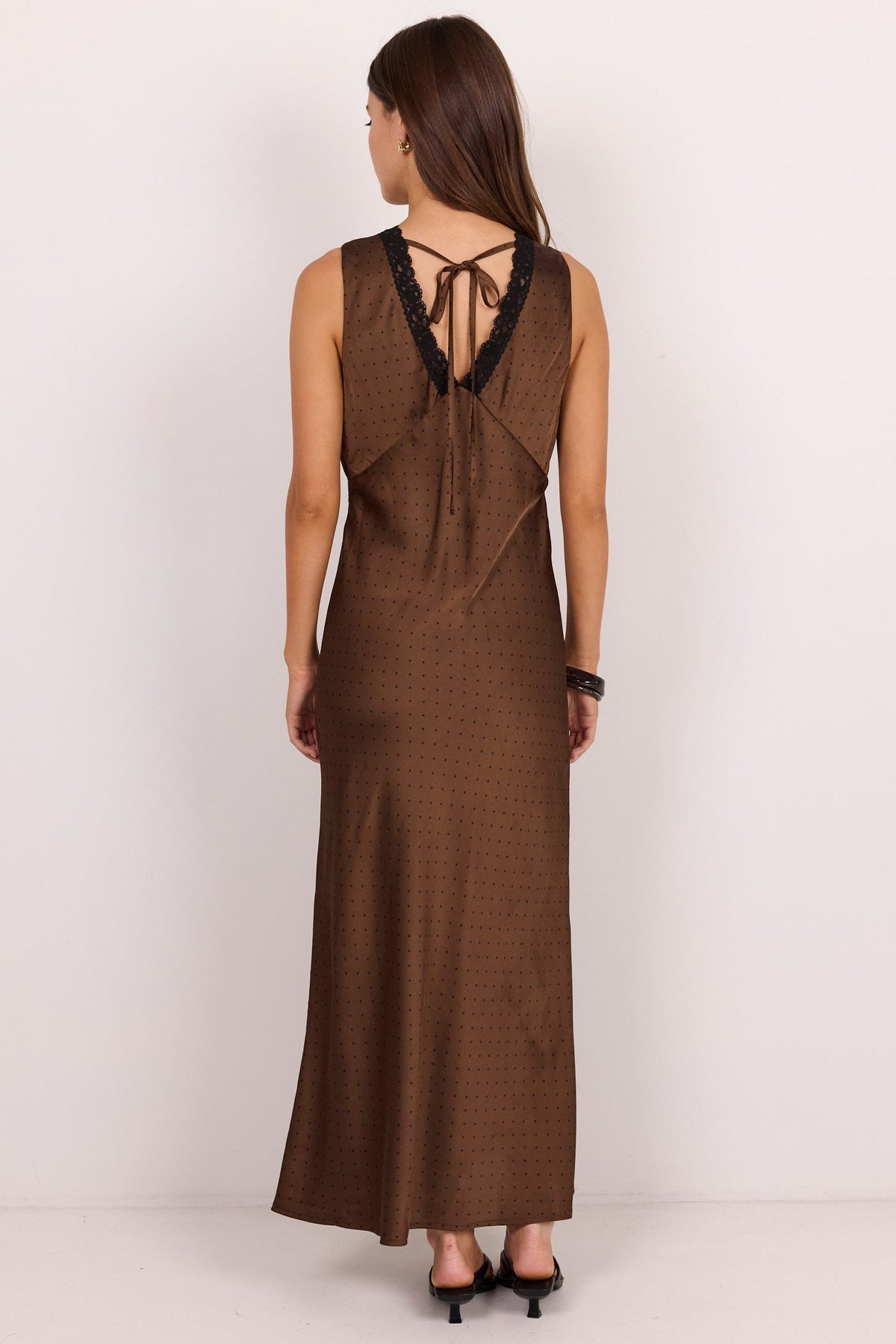 Castle Chocolate Polka Dot Satin Lace Trim Maxi Dress