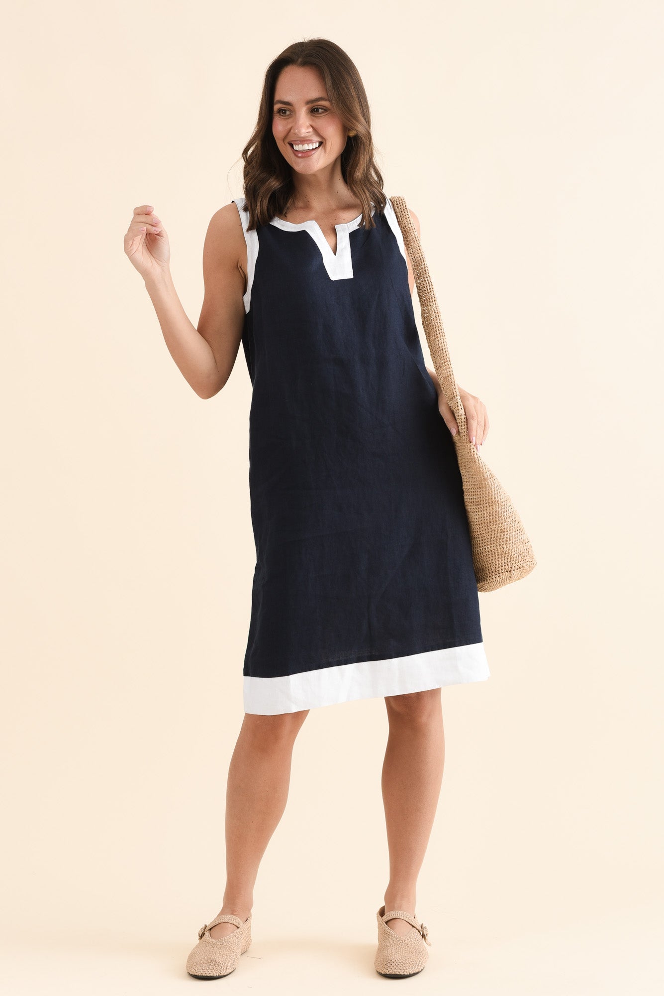 Cecilia Navy Contrast Linen Dress