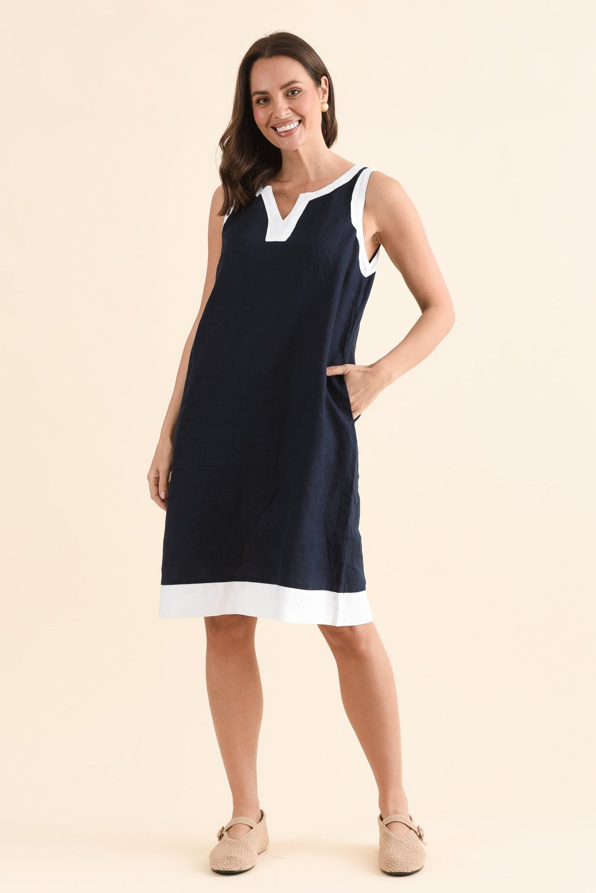 Cecilia Navy Contrast Linen Dress