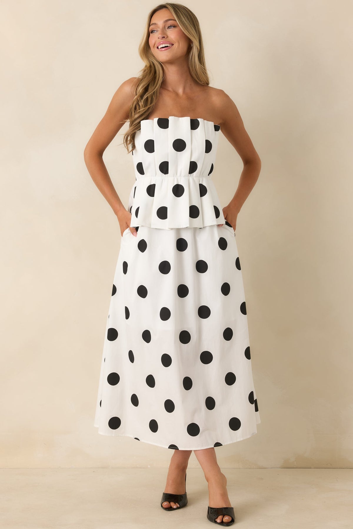 A Class of Her Own White & Black Polka Dot Strapless Midi Dress