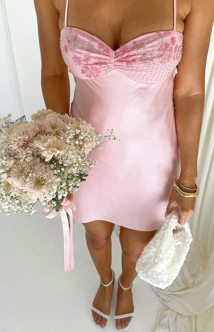 Chilli Pink Beaded Bust Satin Mini Dress