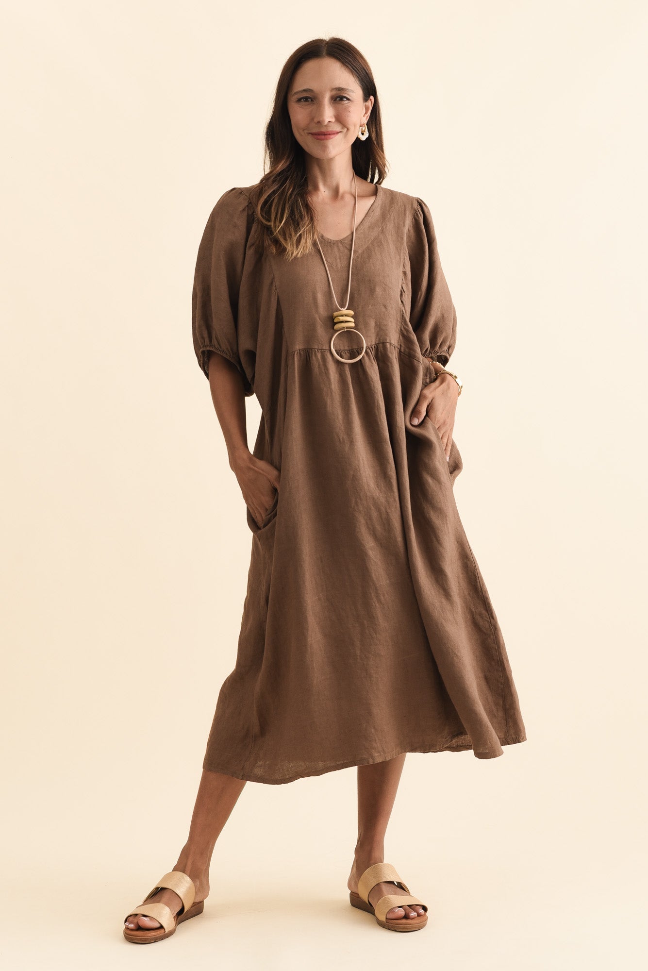 Claudine Chocolate Linen Pocket Dress