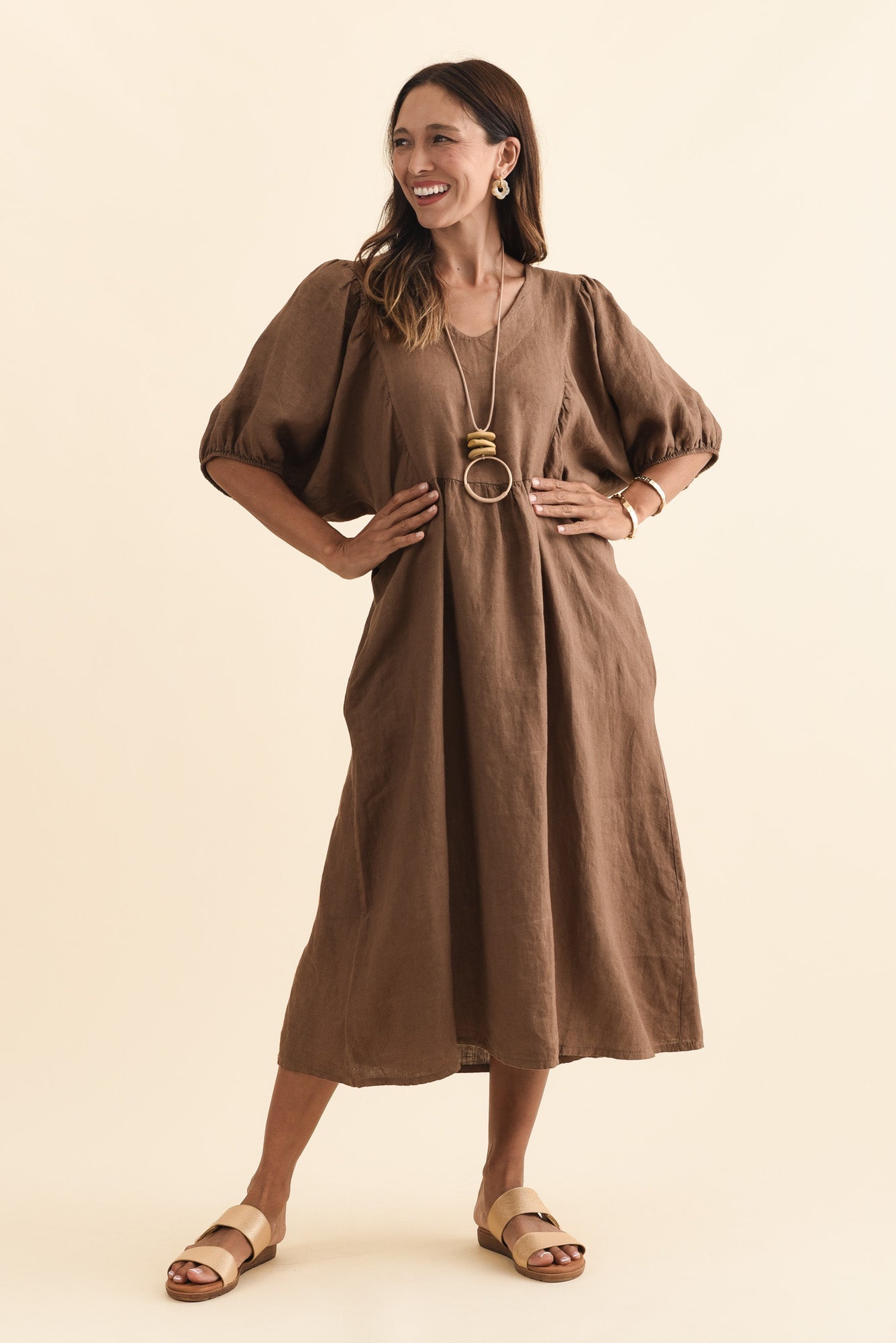 Claudine Chocolate Linen Pocket Dress