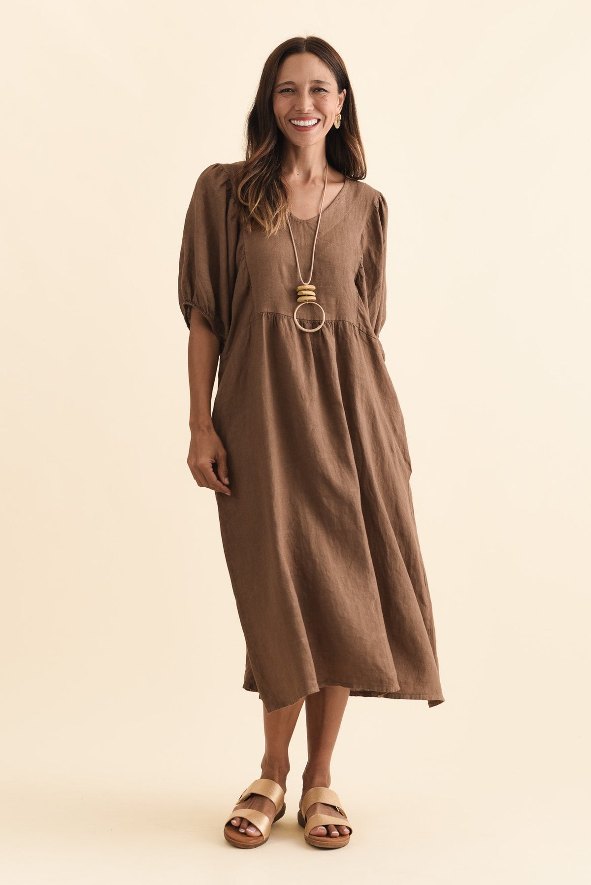 Claudine Chocolate Linen Pocket Dress