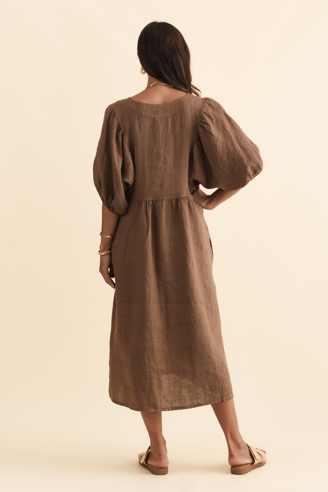 Claudine Chocolate Linen Pocket Dress