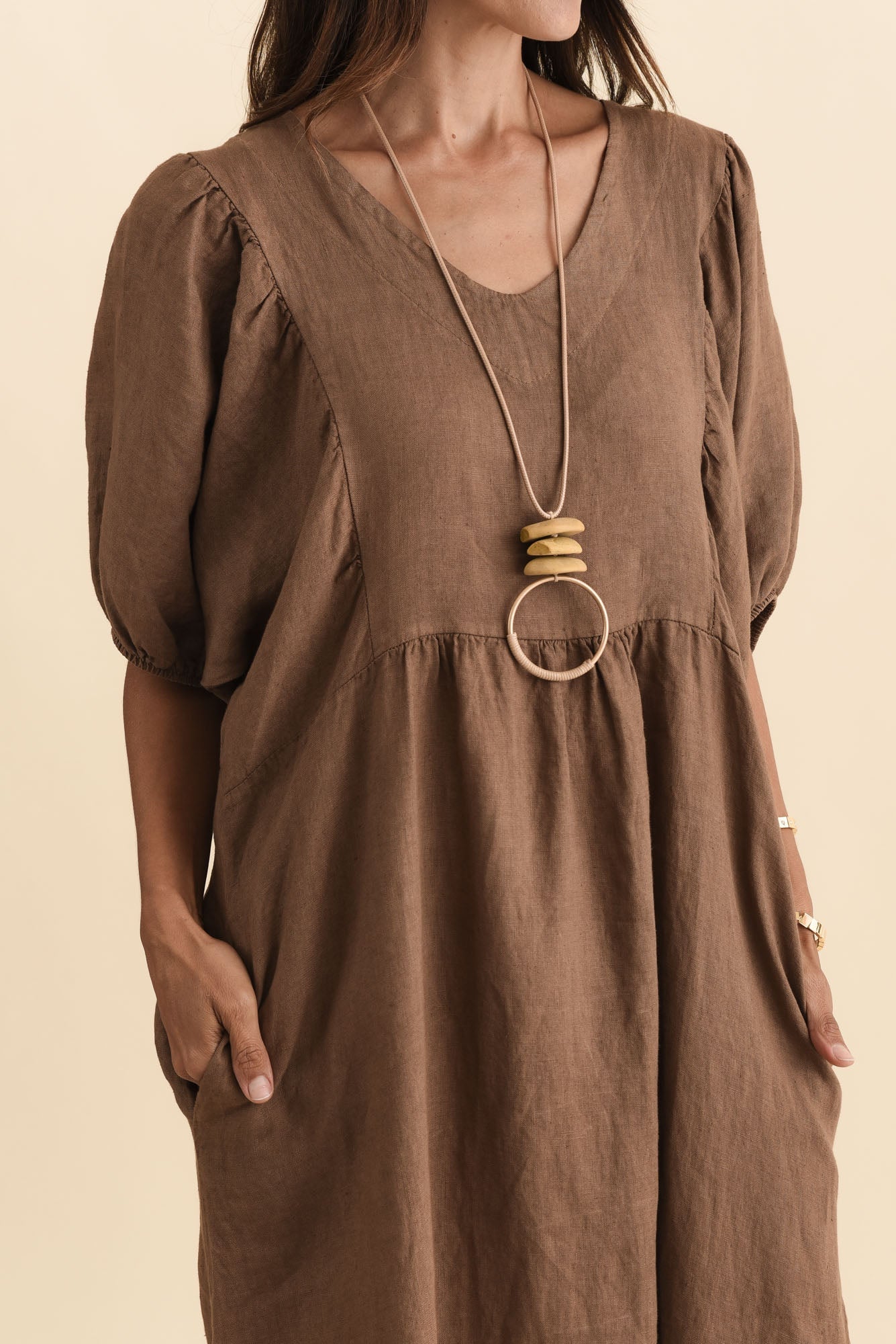 Claudine Chocolate Linen Pocket Dress