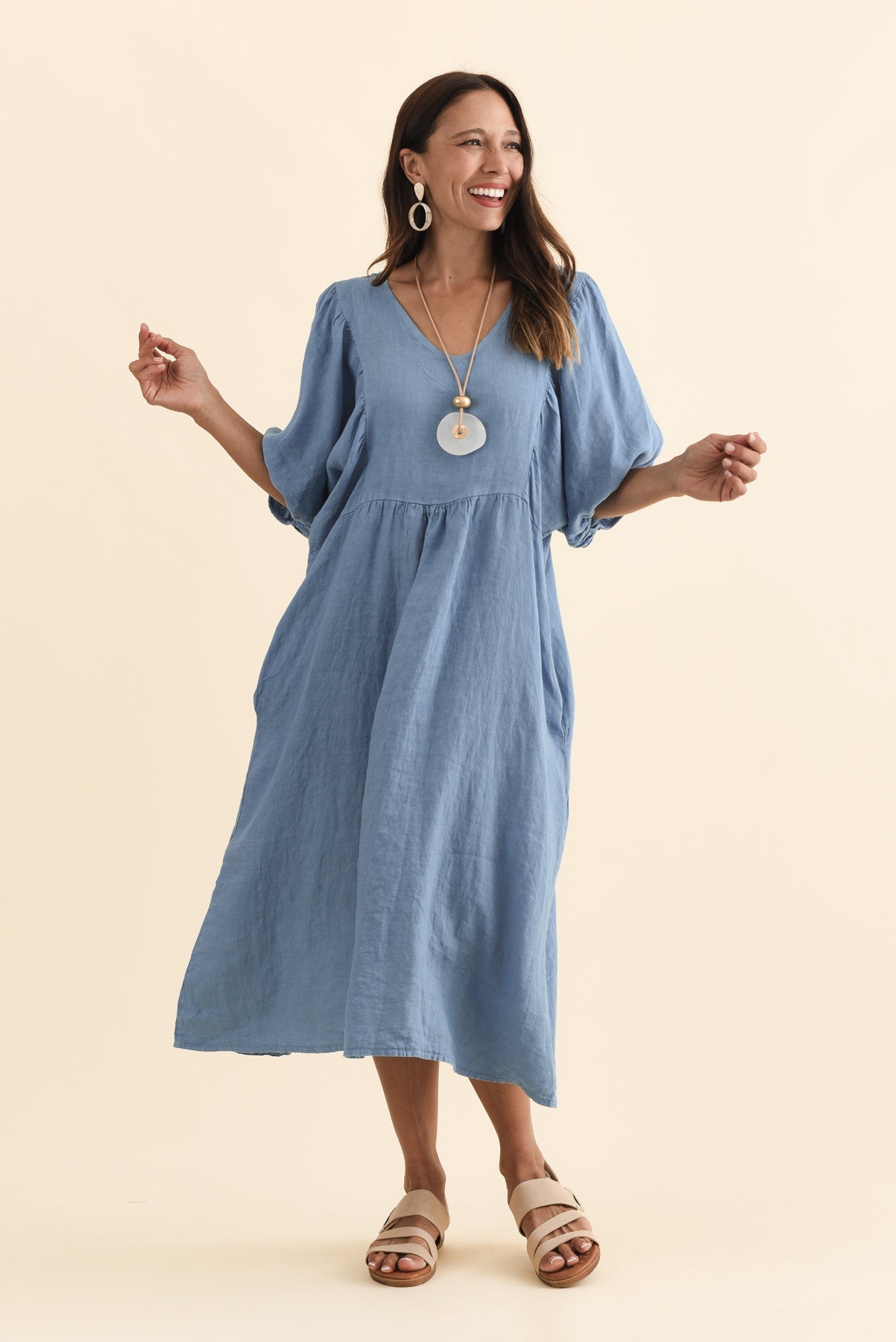 Claudine Steel Linen Pocket Dress