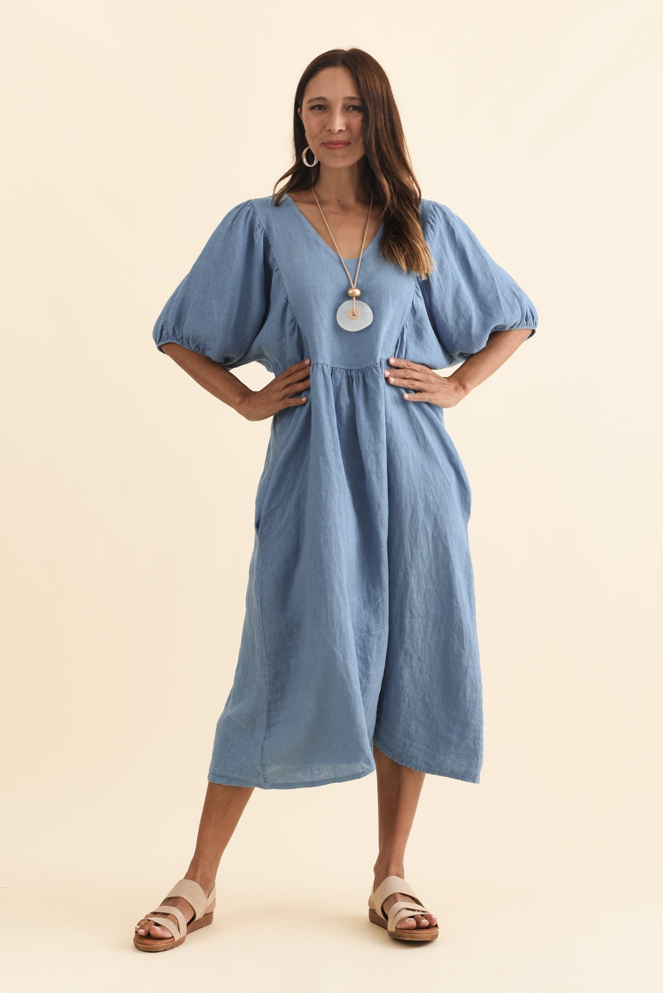 Claudine Steel Linen Pocket Dress