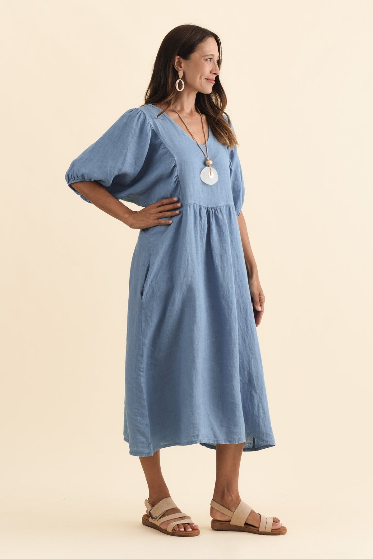 Claudine Steel Linen Pocket Dress