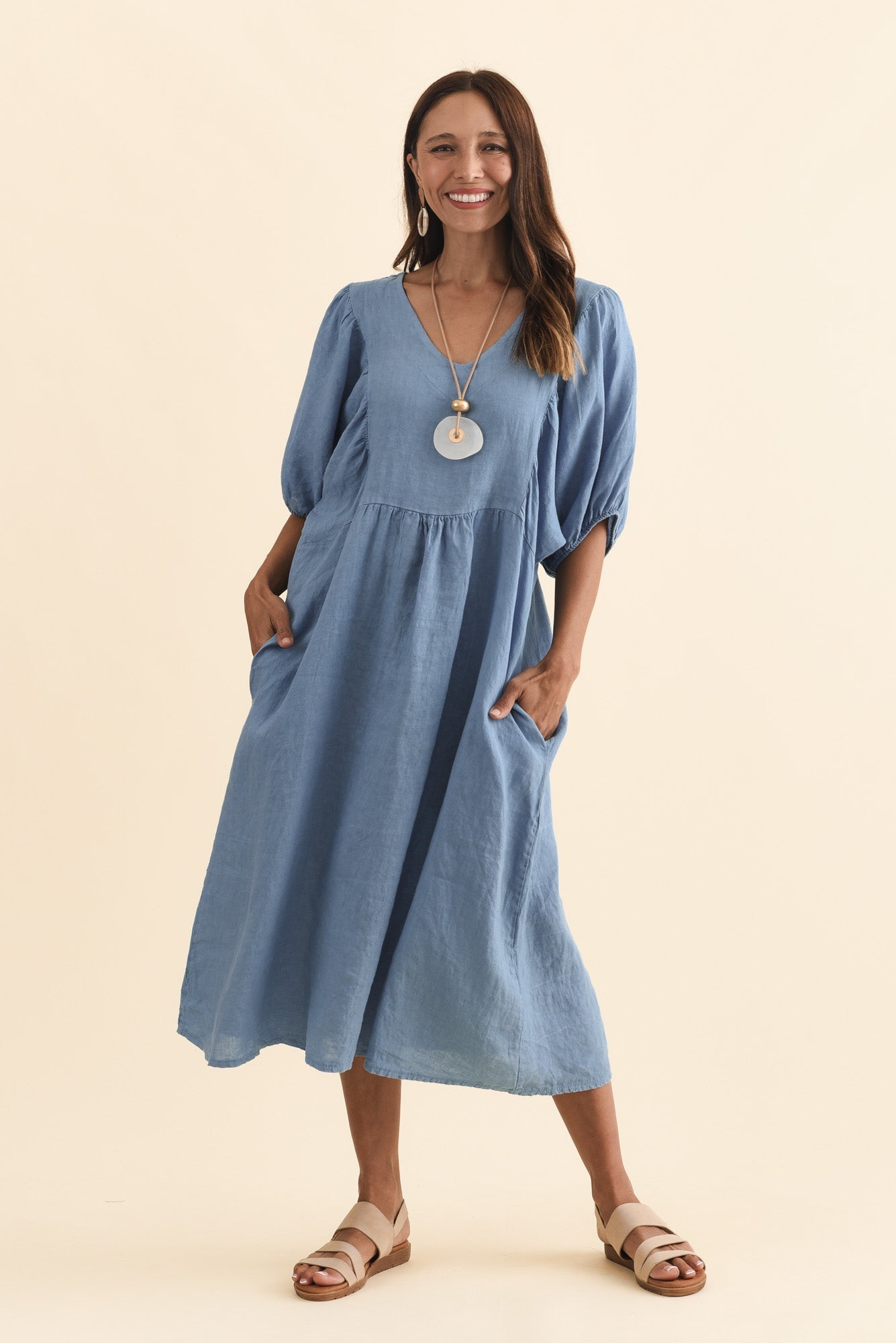 Claudine Steel Linen Pocket Dress