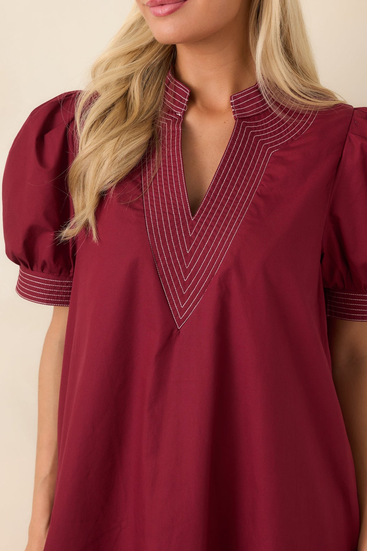 She Makes a Strong Point Burgundy Contrast Stitch Cotton Midi Dress
