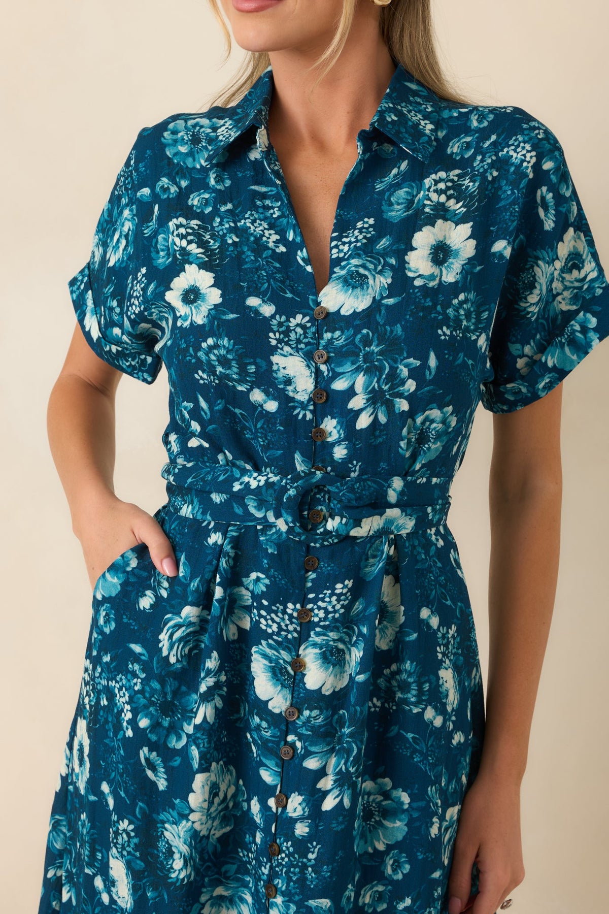You’ll See Soon Dark Teal Multi Floral Print Belted Midi Shirt Dress