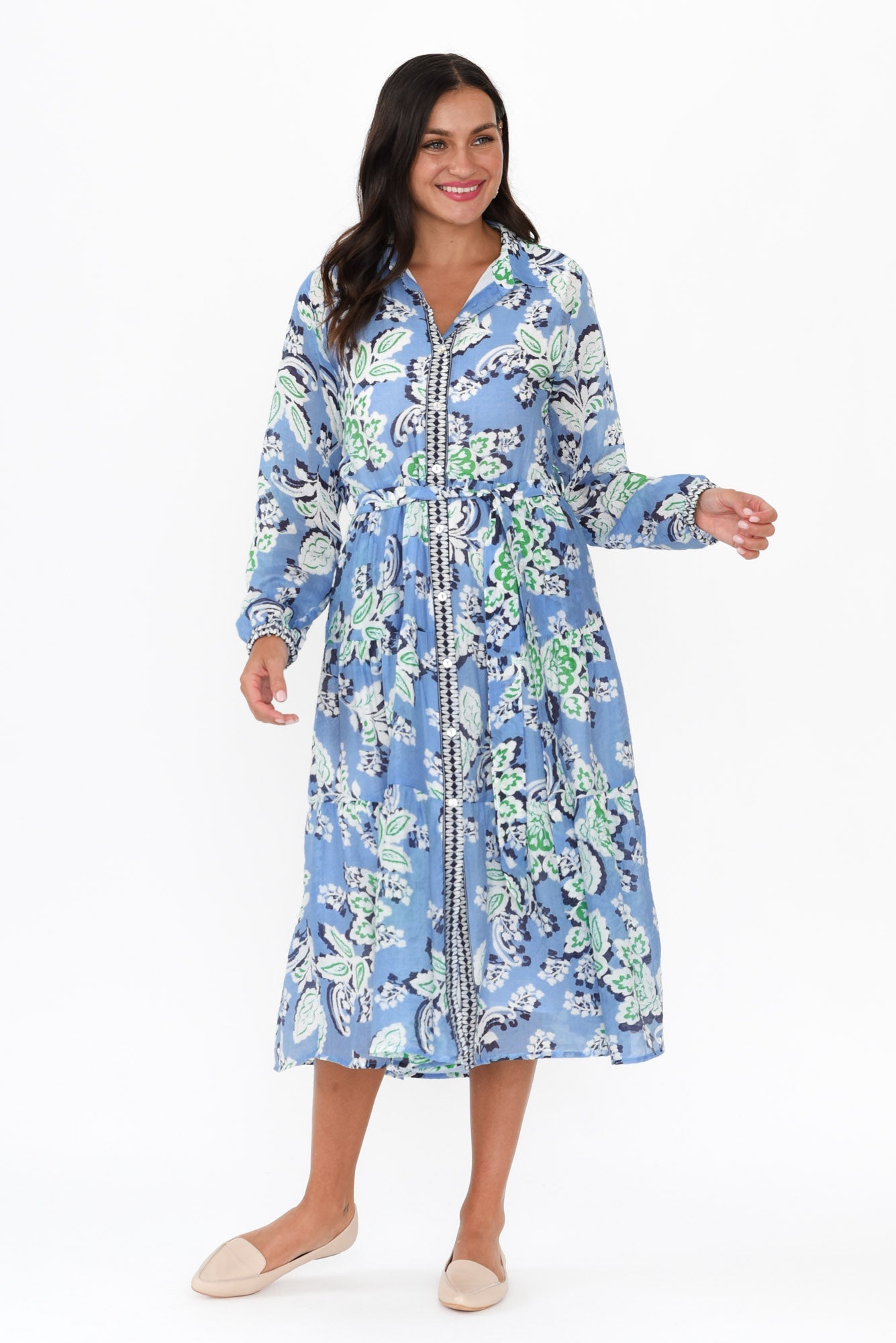 Coastal Blue Leaf Collared Dress