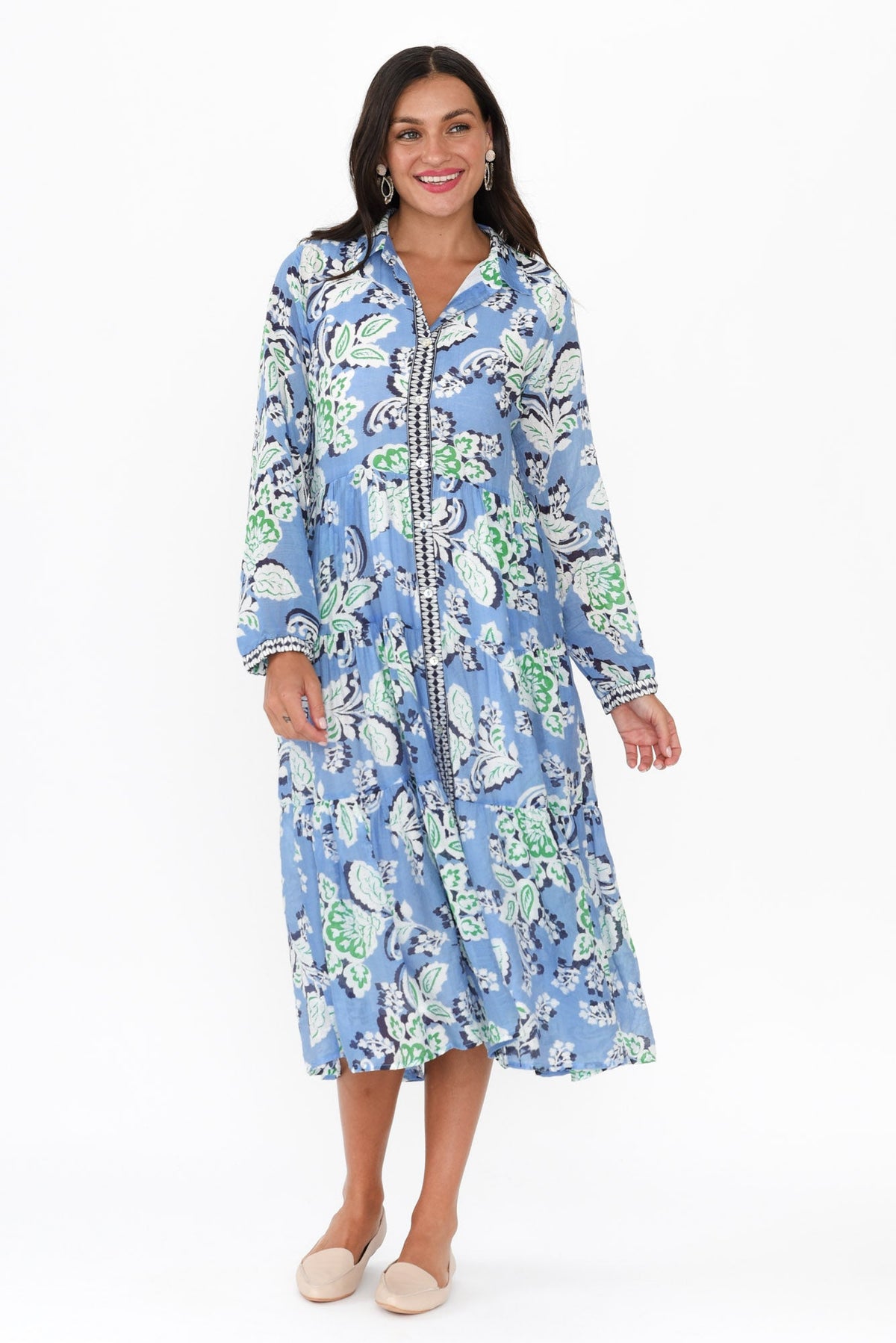 Coastal Blue Leaf Collared Dress