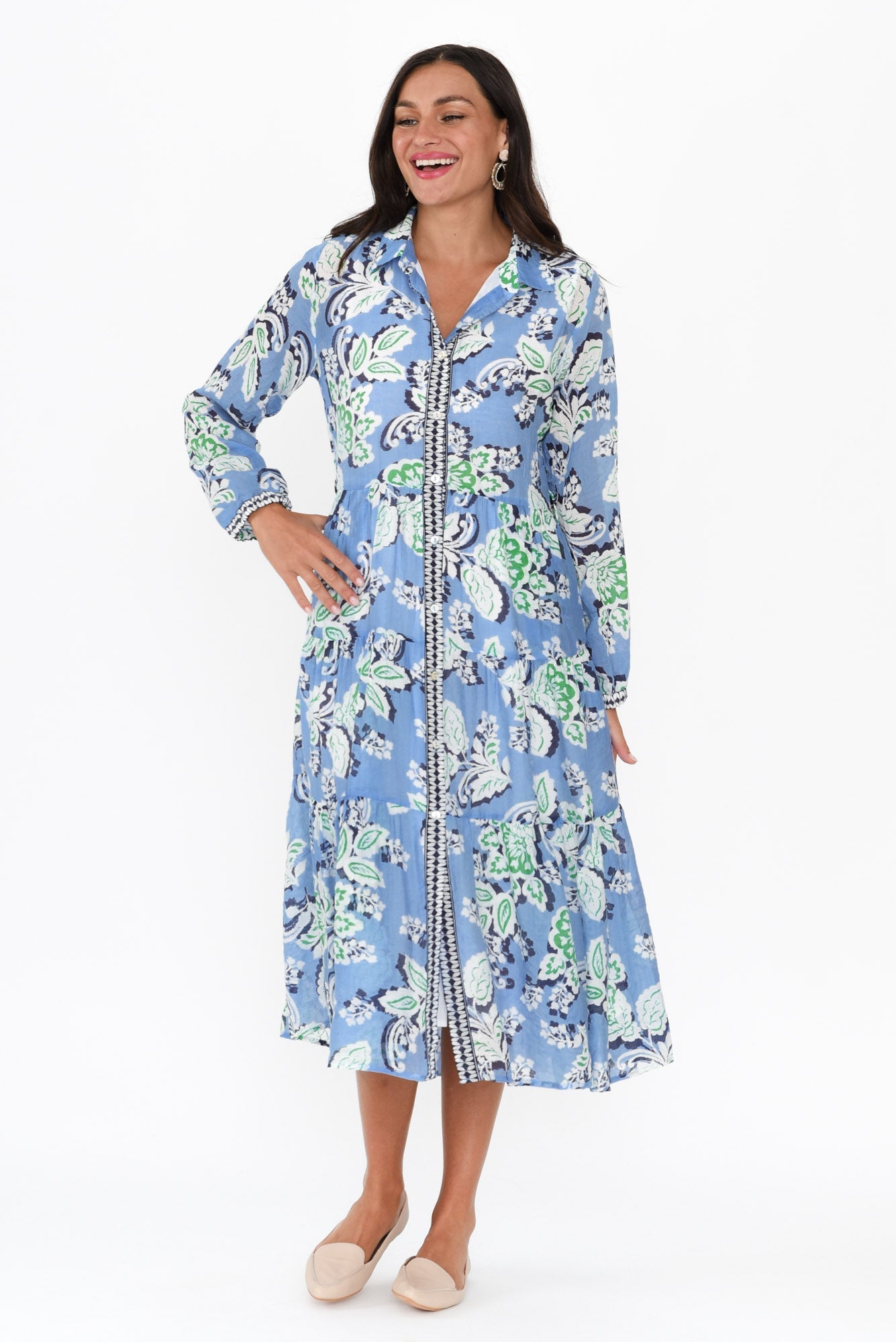 Coastal Blue Leaf Collared Dress