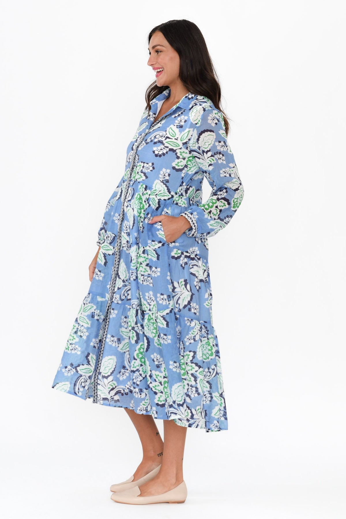 Coastal Blue Leaf Collared Dress