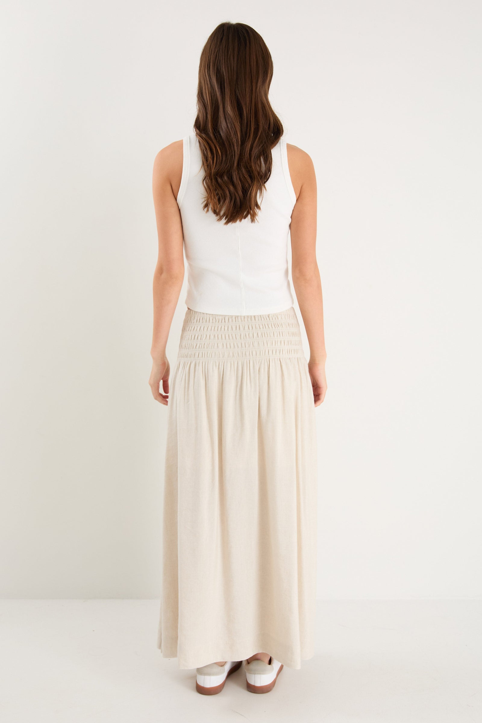 Byron Natural Linen Shirred Waist Maxi Skirt