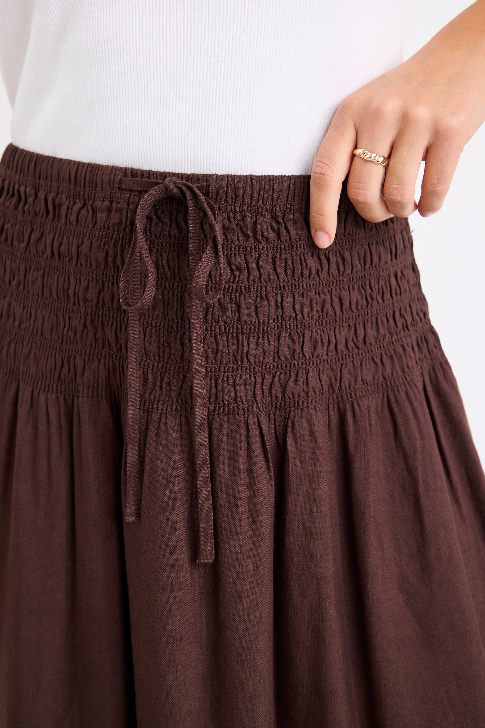 Byron Chocolate Linen Blend Shirred Waist Maxi Skirt