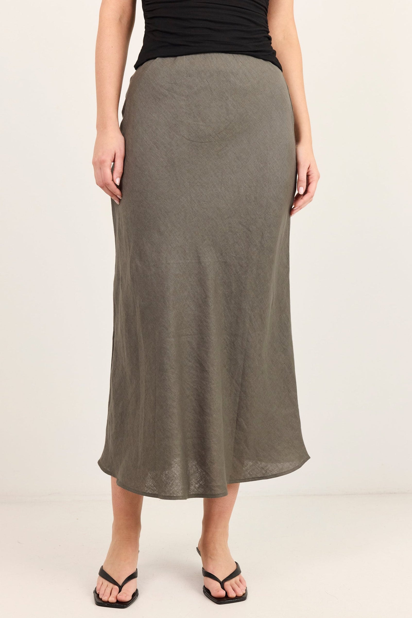 Bliss Dark Olive Linen Bias Midi Skirt
