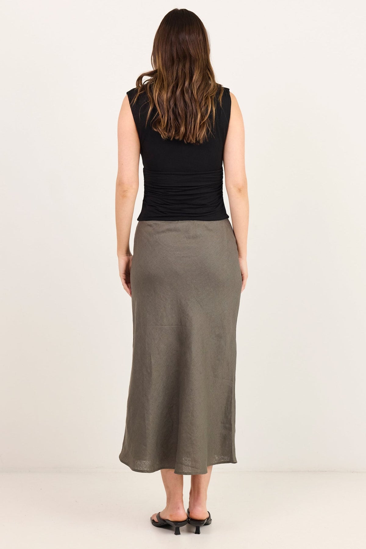Bliss Dark Olive Linen Bias Midi Skirt