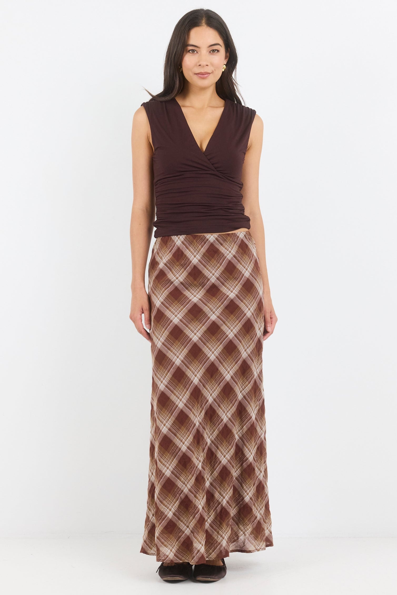 Breathe Brown Check Bias Maxi Skirt