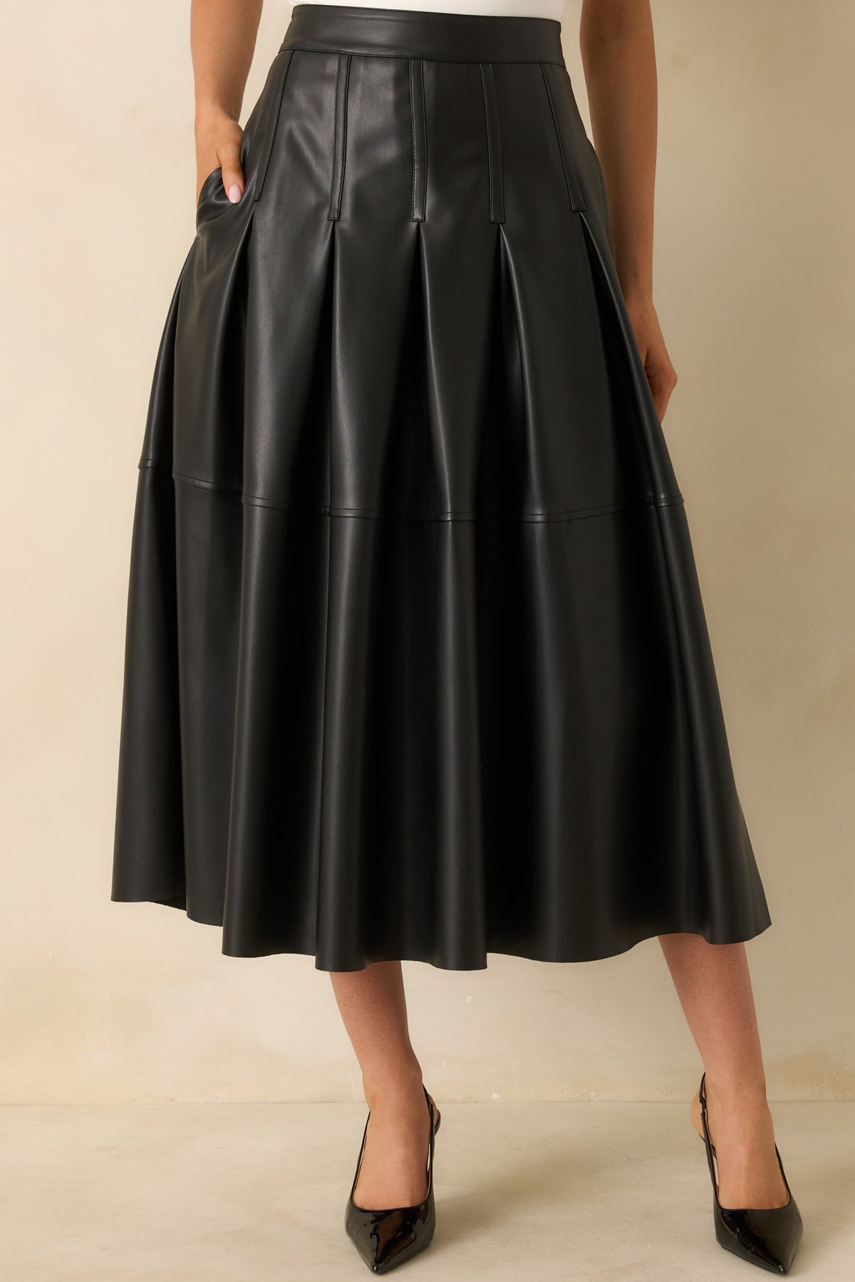 Cut To Perfection Black Faux Leather Pleated Midi Skirt