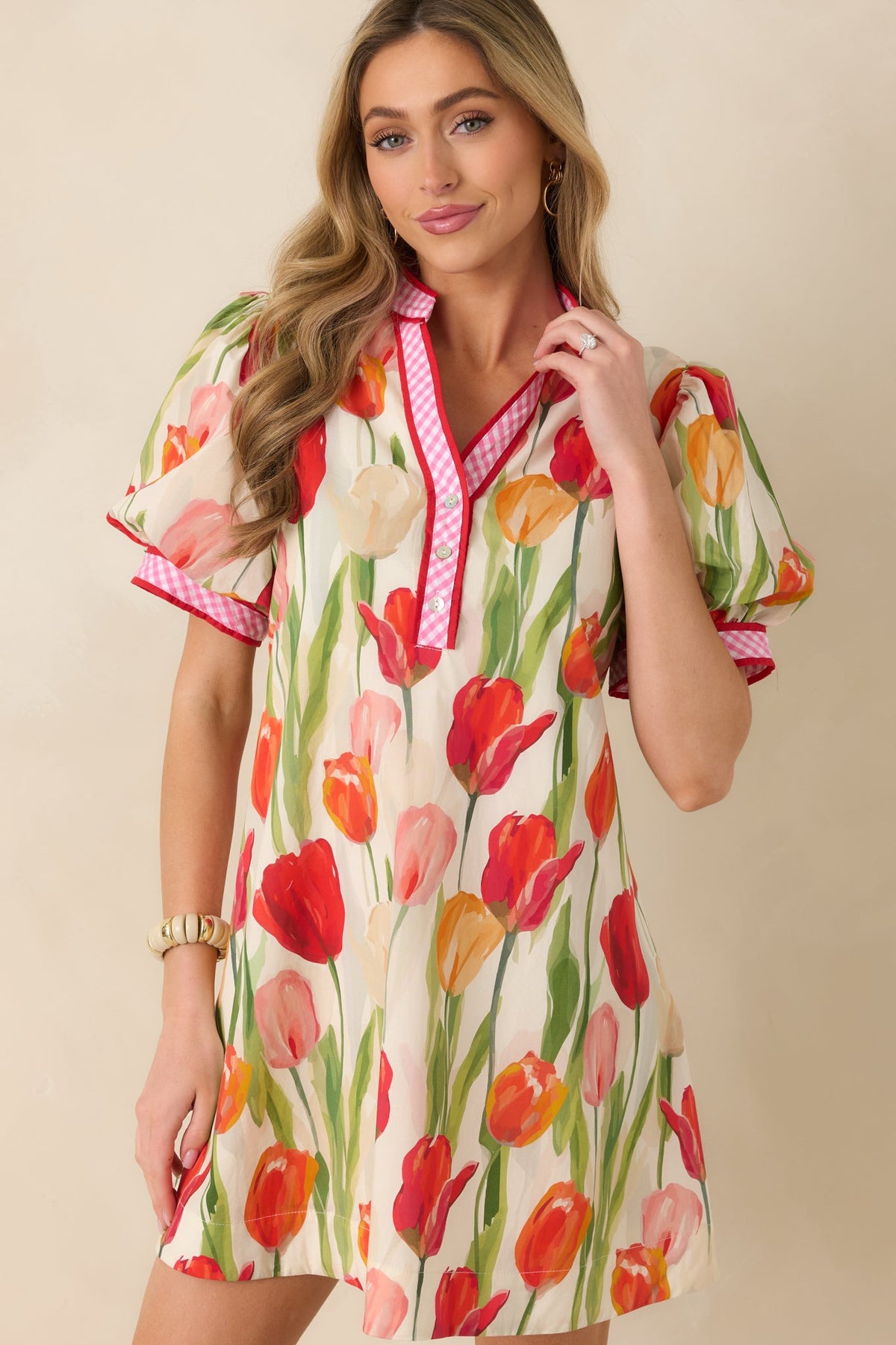 Bright Days Ahead Red Tulip Print Cotton Short Sleeve Mini Dress