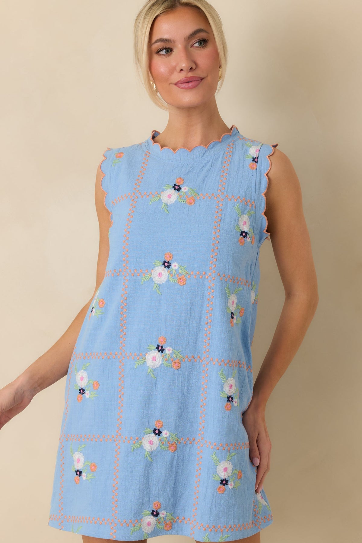A Sweet Escape Light Blue Multi Floral Embroidered Cotton Sleeveless Mini Dress