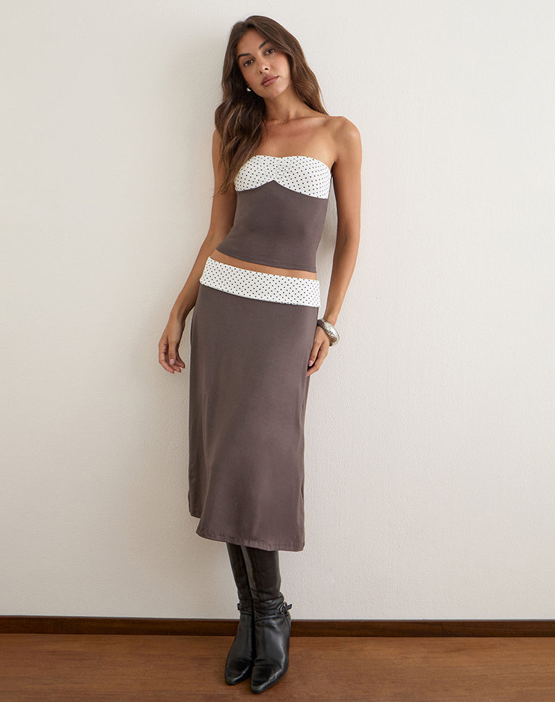 Adah Midi Skirt in Peppercorn with White Polka Dots Waistband