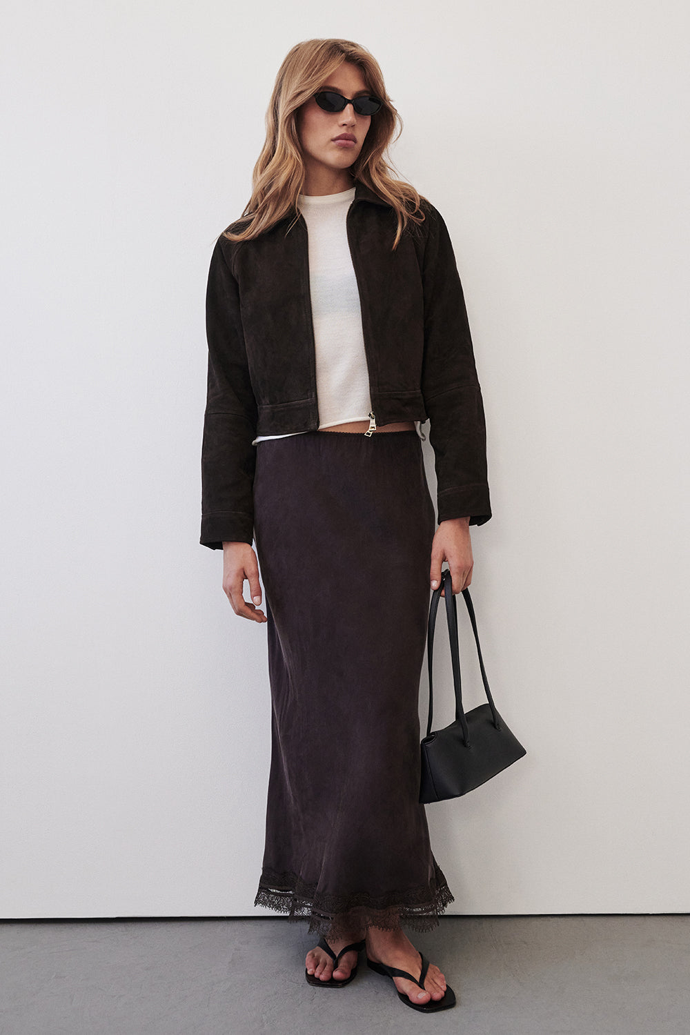ANDREA PLUM CHOC CUPRO MIDI SKIRT