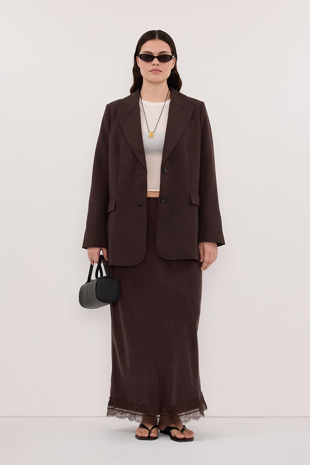 ANDREA PLUM CHOC CUPRO MIDI SKIRT