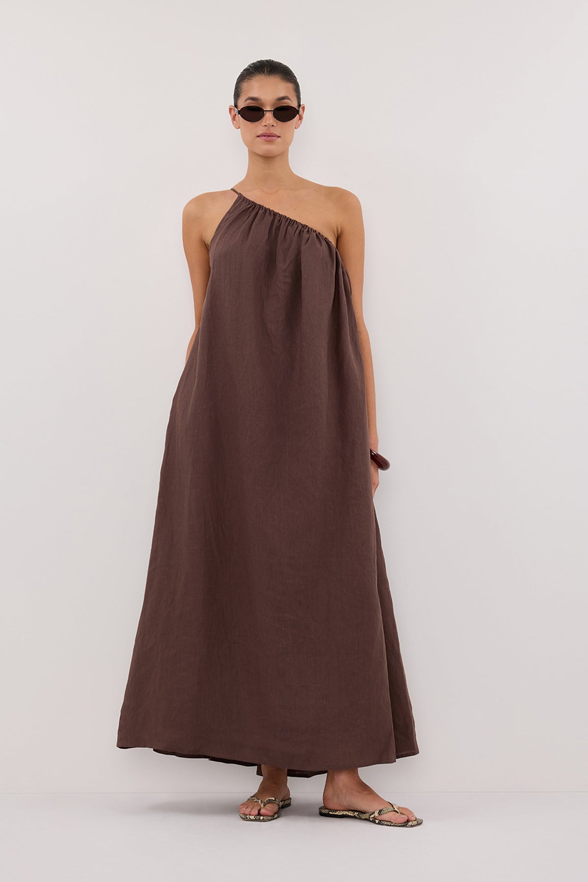 ALMA BITTER CHOC ASYM LINEN MIDI DRESS