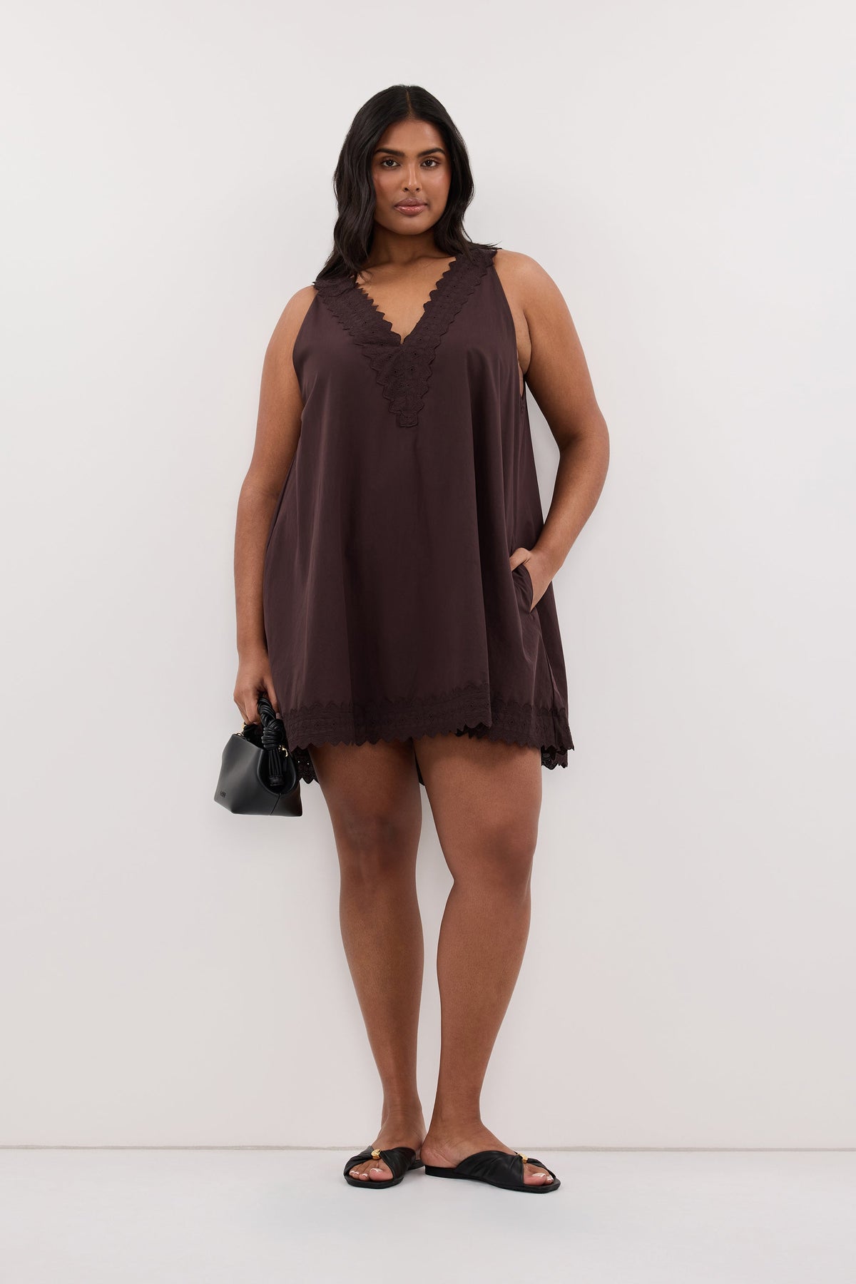 ANNABEL BURNT CHOC SLEEVELESS V NECK MINI DRESS