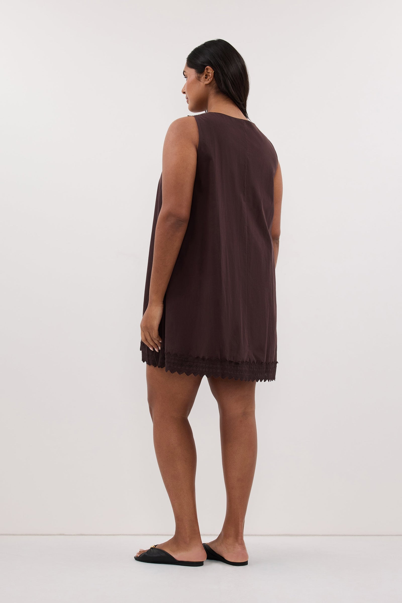 ANNABEL BURNT CHOC SLEEVELESS V NECK MINI DRESS