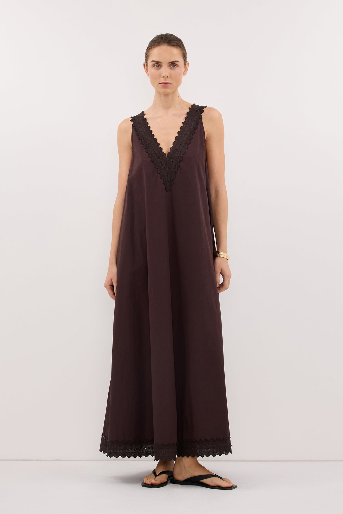 ANNABEL BURNT CHOC SLEEVELESS V NECK MIDI DRESS