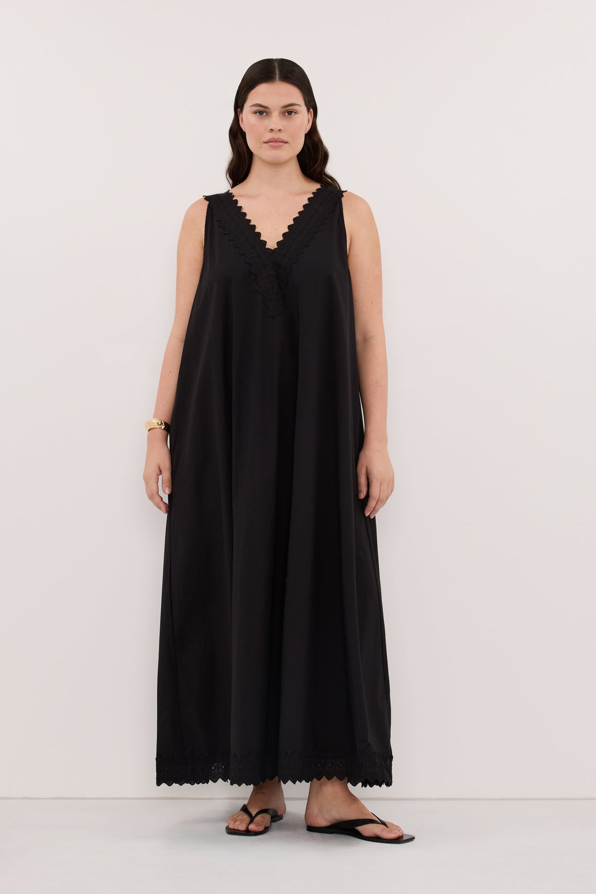 ANNABEL BLACK SLEEVELESS V NECK MIDI DRESS