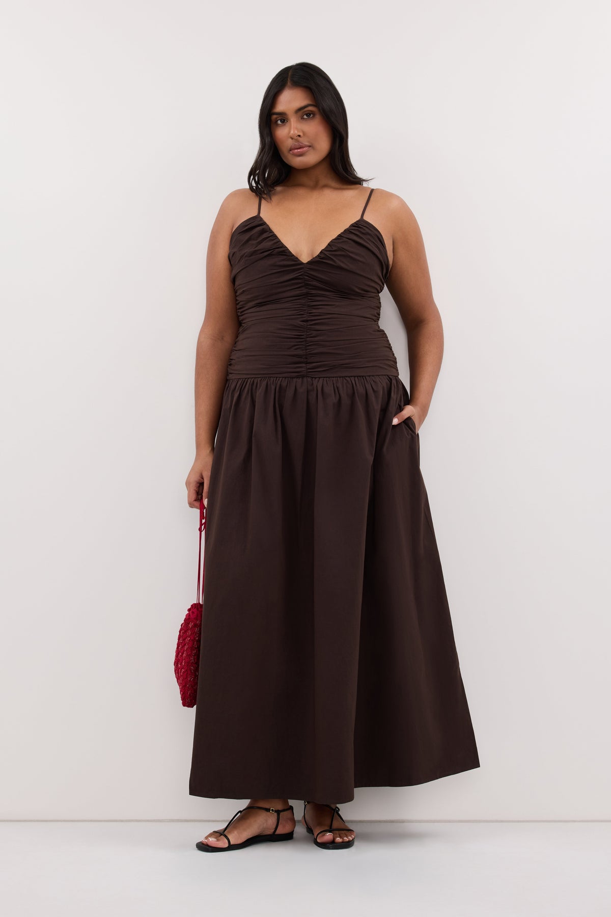 ALEXIA BURNT CHOC COTTON MIDI DRESS