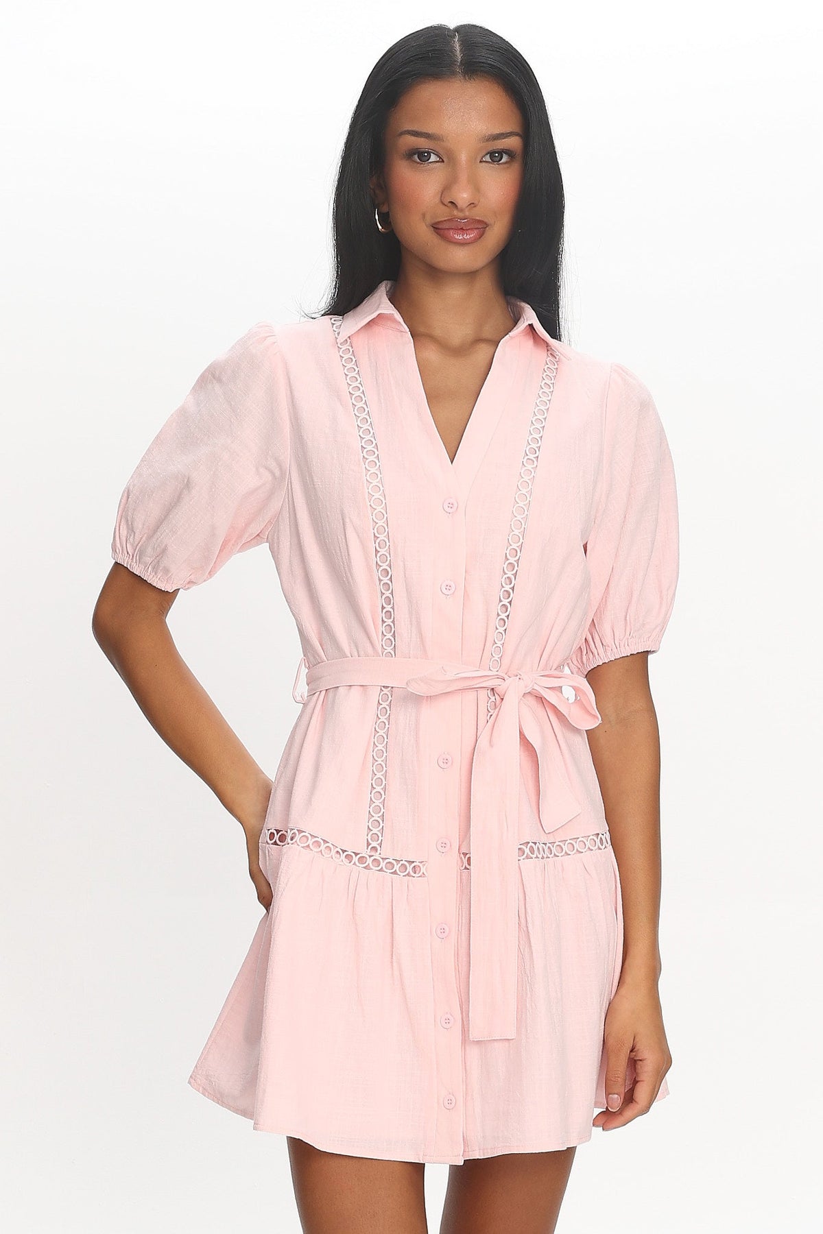 Darling Blossom Puff Sleeve Mini Shirt Dress Baby Pink
