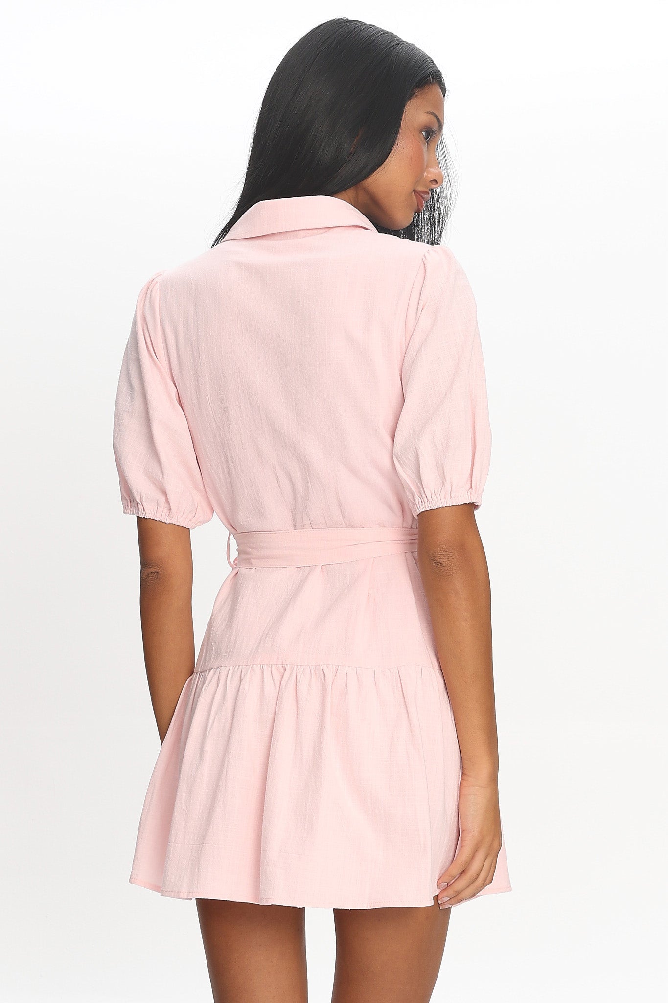 Darling Blossom Puff Sleeve Mini Shirt Dress Baby Pink