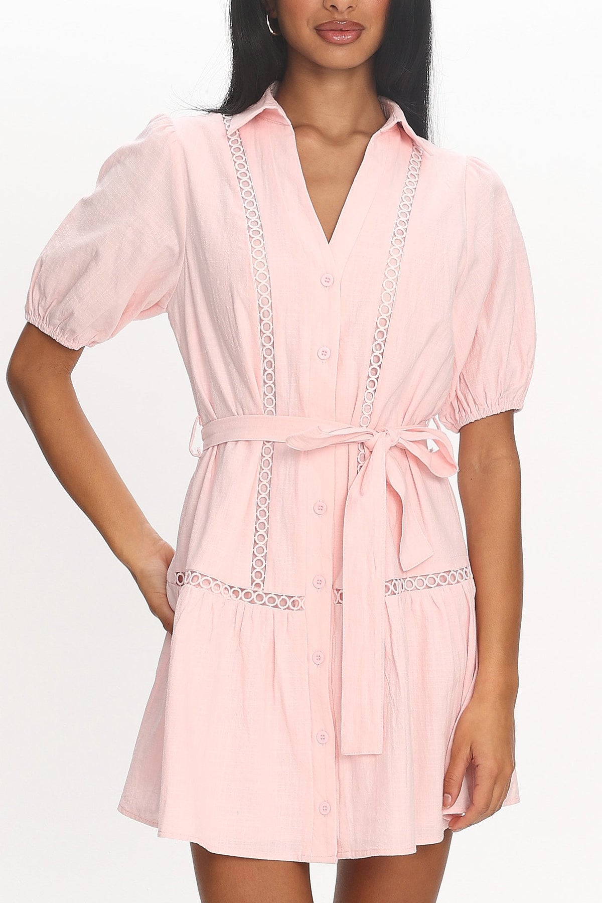 Darling Blossom Puff Sleeve Mini Shirt Dress Baby Pink