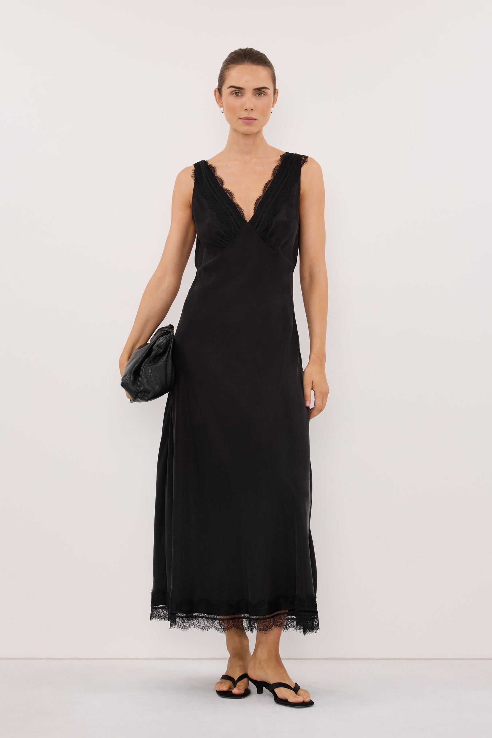 ANDREA BLACK CUPRO MIDI DRESS