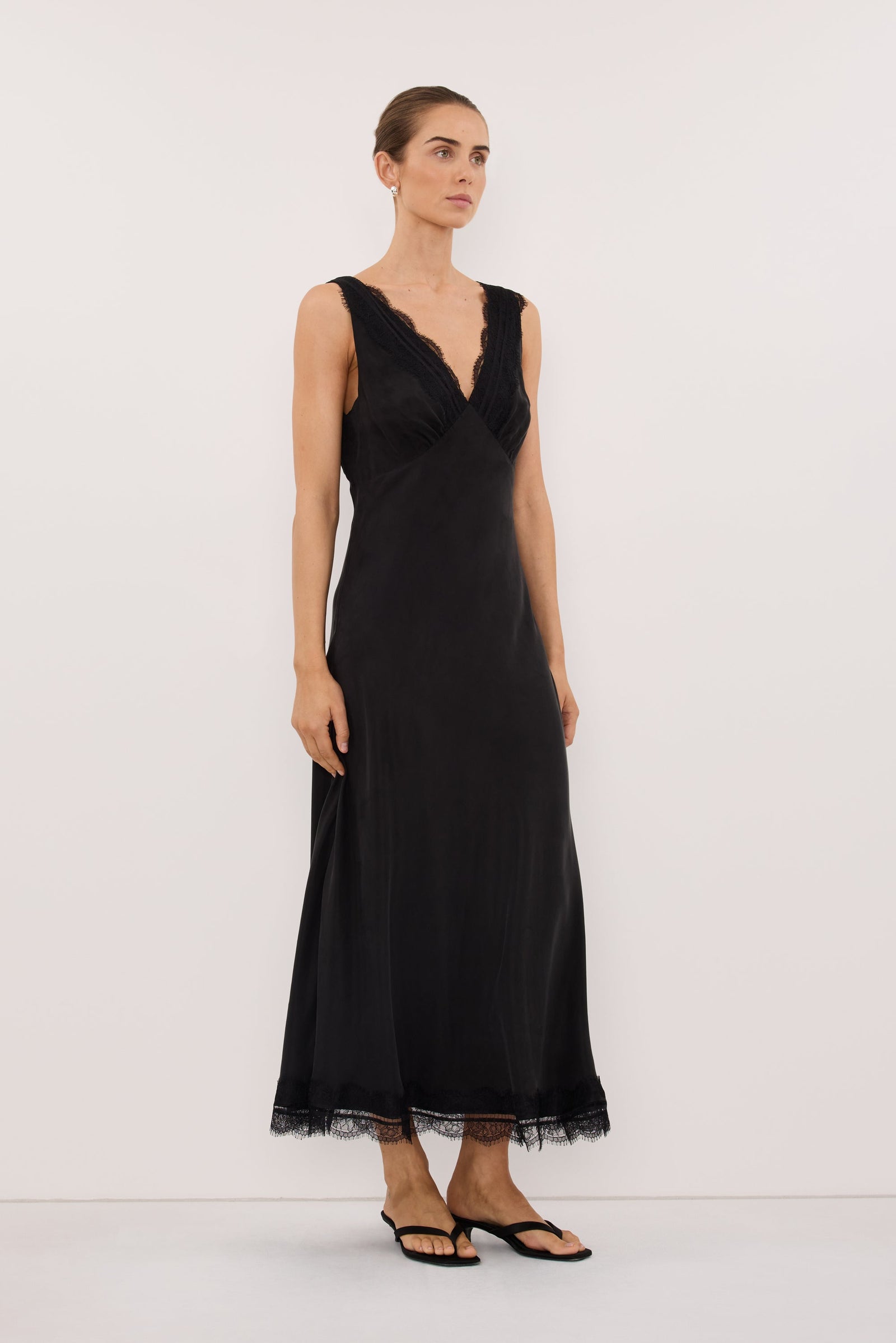 ANDREA BLACK CUPRO MIDI DRESS